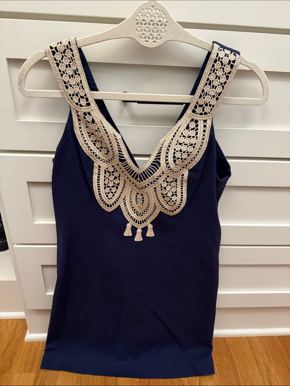 Lilly Pulitzer Navy V-neck dress with Gold Crochet Yoke